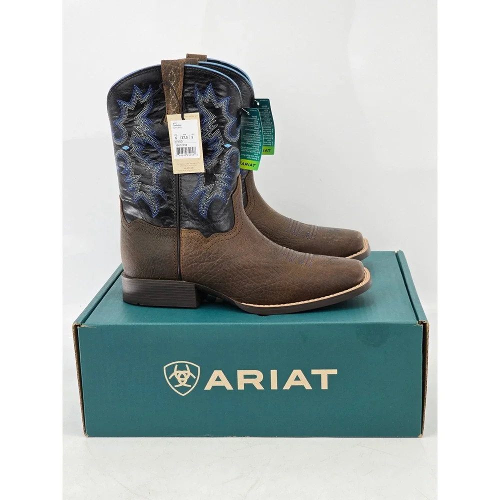 Ariat Tombstone Western Boots Kids 6 Earth Black Leather Wide Square Toe - New